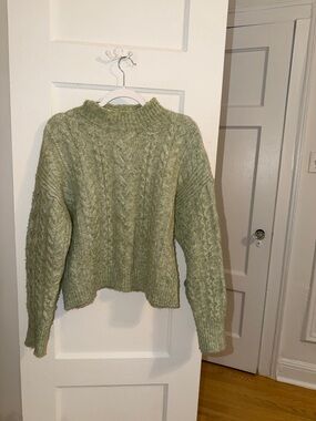 Mango Cable Knit Mock Neck Sweater - Sage Green